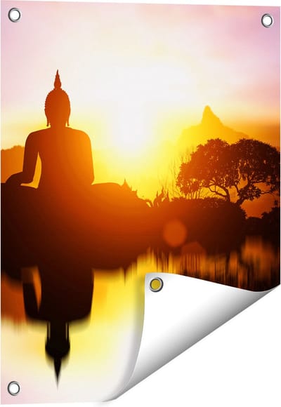 Gards Tuinposter Silhouet van Boeddha Beeld met Zonsondergang - 40x50 cm - Tuindoek - Tuindecoratie - Wanddecoratie buiten - Tuinschilderij