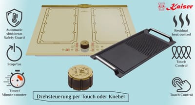 Kaiser KCT 6192 FI ElfEm incl. grillplaat, inductiekookplaat 60 cm - 8 verwarmingselementen: 4×2 inductiekookzones - FREE ZONE met 2 FLEX inductiezones - Ivoor keramisch glas met antiekgouden afwerking