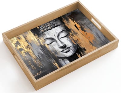 Dienblad hout 40x30 cm - Schootdienblad - Boedhha - Penseelstreken - Goud - Abstract - Borrelplank rechthoek - Plateau dienbladen