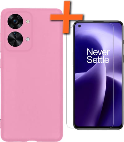 Hoes - Met Screenprotector - Geschikt voor OnePlus Nord 2T - Sterk & Shockproof - Back Cover - Siliconen Case - Telefoon Hoes - Lichtroze