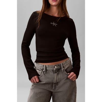 Calvin Klein Ls Scoop Monologo Blouse Black Taglia: L | Maglie a manica lunga Outlet | Donna | Nero