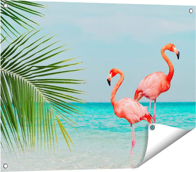 Gards Tuinposter Twee Flamingo's in het Water - 80x60 cm - Tuindoek - Tuindecoratie - Wanddecoratie buiten - Tuinschilderij