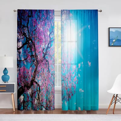 Kersenbloesem Transparante Voile Gordijn Bloemen Sakura Bloesem Roze Bloem Raam Tule Gordijnen voor Woonkamer Slaapkamer Keuken Decor 1 PCS W100XH250cm&Grommet Top