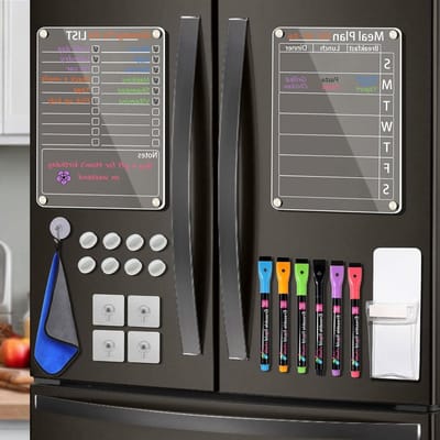Wekelijkse Maaltijdplanner van Acryl voor de Koelkast, 2 Stuks 8"x12" Drooguitwisbare Menu- en Boodschappenlijst met 6 Krijtmarkers en Pennenhouder voor de Keuken