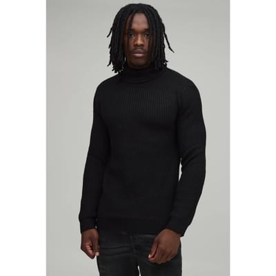 Lange Gespierde Pasvorm Geribbelde Coltrui Gebreide Trui | Black | Size Small
