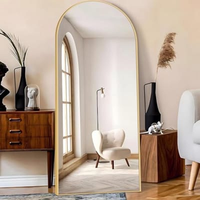 Extra grote boogspiegel 193 x 86 cm - Vloerspiegel met standaard - Gouden wandspiegel voor slaapkamer en woonkamer