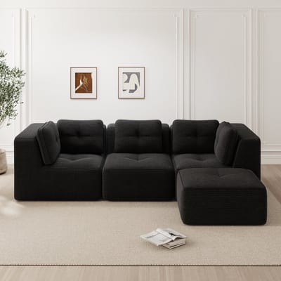 DESMIU Hoekbank 297 x 177 x 69 Cm - Modulair L-vormig Met Ottomane En Diepe Zit - Voor Woonkamer - Corduroy Zwart