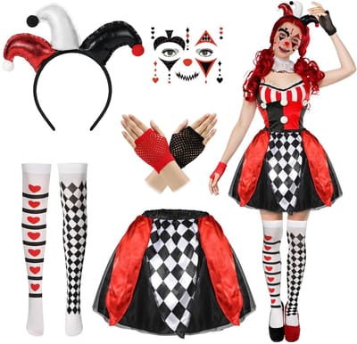 Dailygoods- Clownkostuum Halloween - Clownrok - Clownhandschoenen - Hoed/haarband - Strasssteentjes - Zwart/rood kleurenschema - Harlekijnkostuum