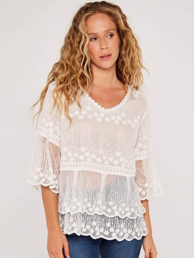 Geborduurde katoenen mesh blouse
