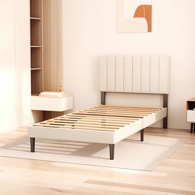 KUTAS Gestoffeerd Bedframe - 90x200 CM - Heavy Duty Metalen Bedframe - Bedplaats Met Plat Noedelsframe en Verstelbaar Hoofdbord - Eenpersoonsbed - Opbergruimte Onder Het Bed - Beige