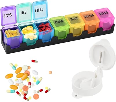 Weekoverzicht pillendoos voor 7 dagen met pillensnijder, draagbare medicijndoos, ideaal voor reizen en organisatie van medicijnen