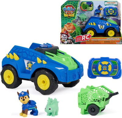 PAW Patrol: The Dino Movie, Dino Tow & Dash RC, Eenvoudig op afstand te besturen voertuig met Chase- en Stegosaurus-actiefiguren