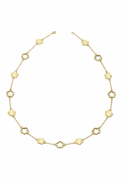 Goudkleurige lange dames ketting met bloemvormige schakels en strass steentjes - stainless steel