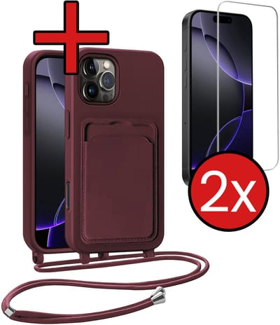 Hoesje Geschikt voor iPhone 16 Pro Hoesje Met Telefoonkoord en Pasjeshouder Met 2x Screenprotector Siliconen - Hoes Geschikt voor iPhone 16 Pro Hoesje Met Kaarthouder Case - Aubergine