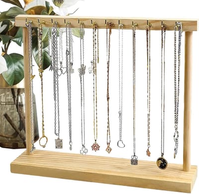 Houten Sieradenstandaard - Organizer Haken - Accessoires Opbergen - 12 Haken - 30 cm Breed - Houtkleurig
