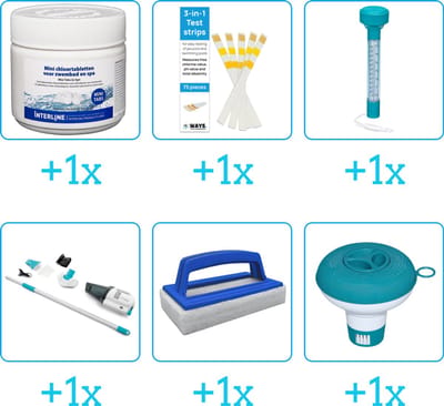 Zwembad Onderhoudspakket - Onderhoud Zwembad - bevat Chloor - Testrips - Thermometer - Stofzuiger - Scrubborstel en Chloordrijver (6-delig)