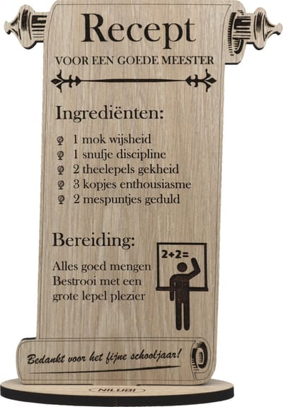 Grappig Meester Bedankt Cadeau | Geschenk om Leraar te Bedanken | Bedankje Leerkracht | Kaart van Hout | Einde Schooljaar Recept | 17.5 x 25 cm