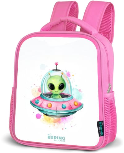 NoBoringSuitcases.com® - Rugzak roze - Schooltas meisjes - Groene alien in kleurrijke UFO - Kinder rugtas meisje - Boekentas kind - Kinderrugzak voor school - Schoolrugzak
