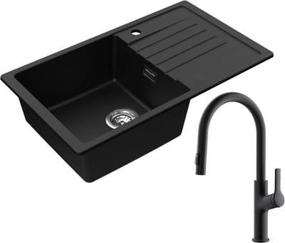 CECIPA max Spoelbak Antraciet 78x45CM - Granieten Spoelbakken Keuken Met U-Uitloop Keukenkraan - Enkele Spoelbak - Spoelbak Met Afdruiprek - Spoelbakken Incl. Sifon en Afvoerzeefje
