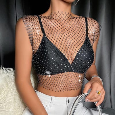 Hauts Débardeurs Sexy Brillants Strassés Mailles Fishnet Femmes Y2K Haut Court Transparent Couvre-Maillot de Bain d'Été Hauts pour Soirée Clubbing Vêtements Femmes M beige