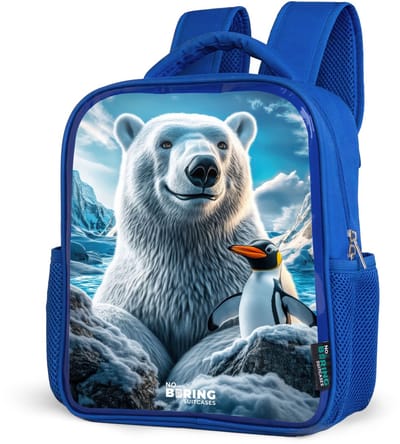 NoBoringSuitcases.com® - Rugzak blauw - Schooltas jongens - IJsbeer en pinguïn in besneeuwd berglandschap - Kinder rugtas jongen - Boekentas kind - Kinderrugzak voor school - Schoolrugzak