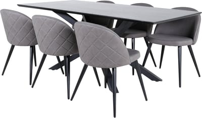 PiazzaBLBL eethoek eetkamertafel zwart en 6 Velvet Stitches eetkamerstal grijs.