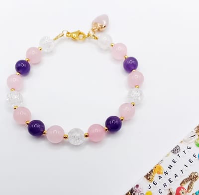 Jeannette-Creatief® - Natuursteen - Rozenkwarts, Amethist & Bergkristal Armband De Gouden Driehoek - Dames Armband - Armband met Natuursteen - Roze Armband - Valentijn
