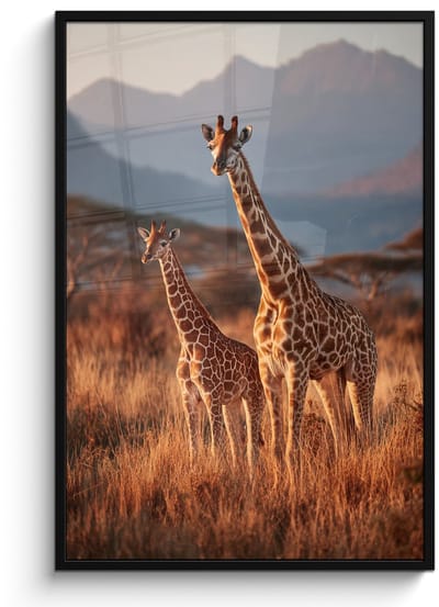 Poster in lijst - Fotolijst 80x120 cm - Posters - Giraffen - Hoog gras - Acaciabomen - Posterlijst zwart - Decoratie - Wanddecoratie woonkamer - Muurdecoratie slaapkamer