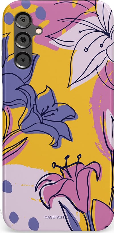 Casetastic Hoesje Geschikt voor Samsung A14 (5G/4G) - Stijlvolle Beschermende Duo-layer Case - Paarse Lelie Kunst