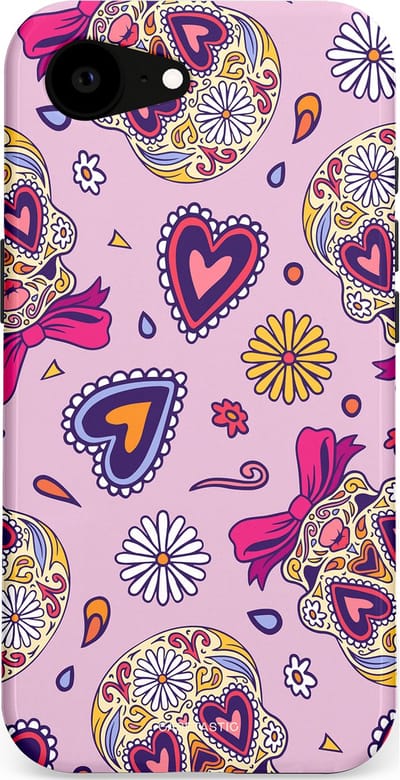 Casetastic hoesje geschikt voor Apple iPhone 16e / Apple iPhone 17e - MagSafe - Dubbellaagse bescherming - Dia de los Muertos Doodshoofd Strik - Fashion Case - Lichtroze Lila Taupe Zilver