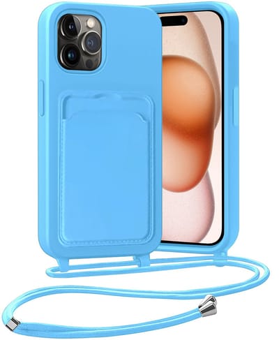 Hoesje Geschikt voor iPhone 14 Pro Hoesje Met Telefoonketting Pasjeshouder Case Koord - Hoesje Geschikt voor iPhone 14 Pro Hoes Met Kaarthouder - Lichtblauw