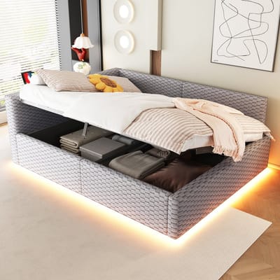 PHOEBE CAT Gestoffeerd bed - 140 x 200 cm - LED-verlichting - USB/Type-C - Opbergruimte - Velvet - Grijs