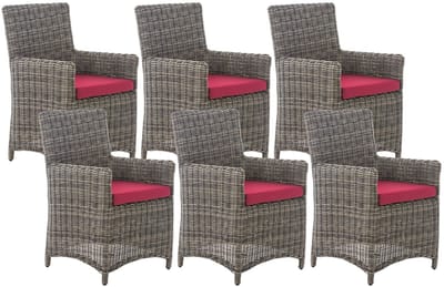 CLP 6-delige tuinstoelenset Fontana - polyrattan stoelen met hoge rugleuning en zitkussens grijs gevlekt