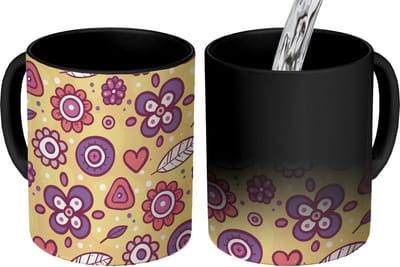 Magische Mok - Foto op Warmte Mokken - Koffiemok - Patroon - Bloemen - Paars - Oranje - Magic Mok - Beker - 350 ML - Theemok
