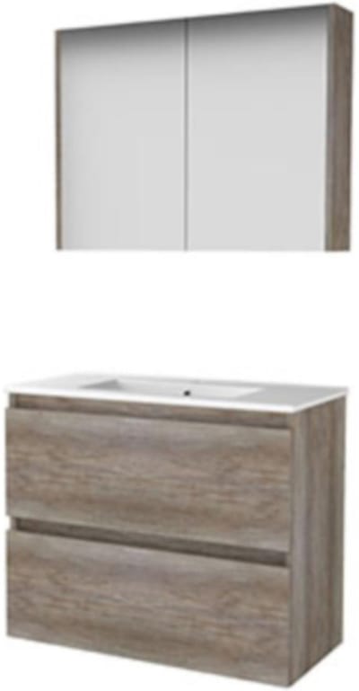 Basic-Line Comfort 39 Badkamermeubelset - Ondiep - 80 x 39 cm - Greeploos - 2 Lades - Keramische Wastafel - 1 Kraangat - Spiegelkast - Scotch Oak