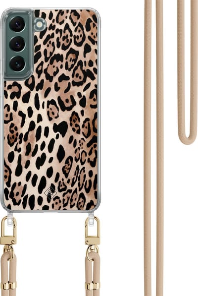 Casimoda® hoesje met koord - Geschikt voor Samsung S22 - Luipaard print bruin - Afneembaar koord - TPU/polycarbonaat - Bruin/beige