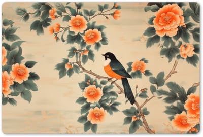 Placemats 45x30 cm - Placemat kunststof - 1 stuk - Vogel - Tak - Bloemen - Oranje - Borden onderleggers - Decoratie voor op tafel - Keuken tafeldecoratie accessoires - Vinyl onderlegger - Tafelversiering