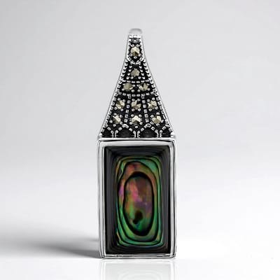 Cavill - Zilveren hanger met Abalone schelp baguette 11,5x7 mm - 925 Sterling zilver - 10 markasieten 0,06 ct - elegant handgemaakt dames sieraad