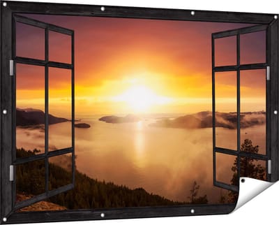 Gards Tuinposter Doorkijk Zonsondergang in de Bergen met Wolken - 150x100 cm - Tuindoek - Tuindecoratie - Wanddecoratie buiten - Tuinschilderij