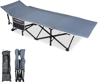 190 x 62 x 49 cm Opvouwbaar XL-campingbed Gemaakt van Metalen Buizen en 600d Oxford-Stof Stevig Tentbed met Zijvak en Draagtas Opvouwbaar Bed Draagvermogen 250 kg Ligstoel voor Reizen, Tuin en Kamperen NAIZY