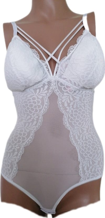 Dames - Bodystocking - Lingerie - Met Kant en doorzichtig Lijfje - Corrigerend - Kleur Wit - Maat 34-36 - Cadeau - Kerst