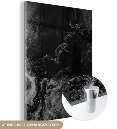 Glasschilderij - Zwart - Graniet - Steen - Wit - 120x160 cm - Foto op glas - Kamerdecoratie