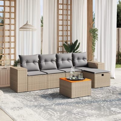 vidaXL - 6-delige - Loungeset - met - kussens - poly - rattan - gemengd - beige