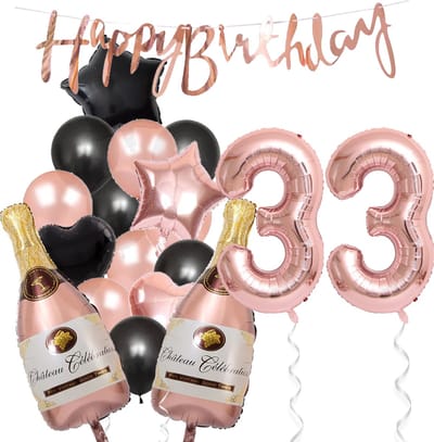 33 Jaar Verjaardag Cijferballon 33 - Feestpakket Snoes Ballonnen Pop The Bottles - Rose Zwart Versiering