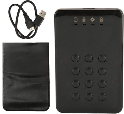 Draagbare externe harde schijf behuizing met hardware-encryptie, PIN-authenticatie, realtime encryptie en snelle USB 3.0 overdracht, robuust en waterdicht.