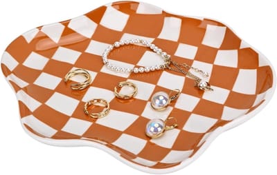 Keramische Sieradenhouder, Decoratieve Organiser voor Sieraden en Trinkets, Perfect voor Keuken en Badkamer, Mooi Cadeau voor Verjaardagen (Bruin Geruit)