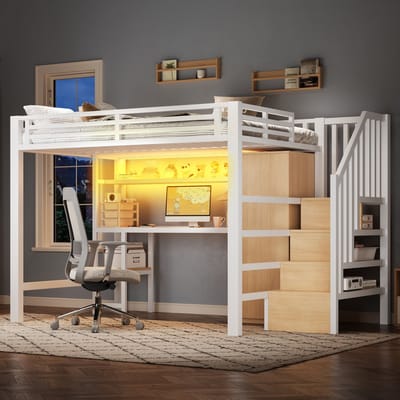 Hoogslaper 140x200cm met bureau - boekenplank - kledingkast en opberstrap - wit - zonder matras