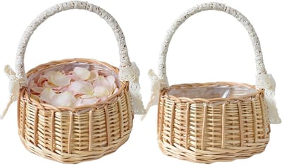 Bloemenmeisjesmanden Set - Rieten mandjes - Bruiloft Decoratie - Met Kant en Parels - 10 x 19 cm