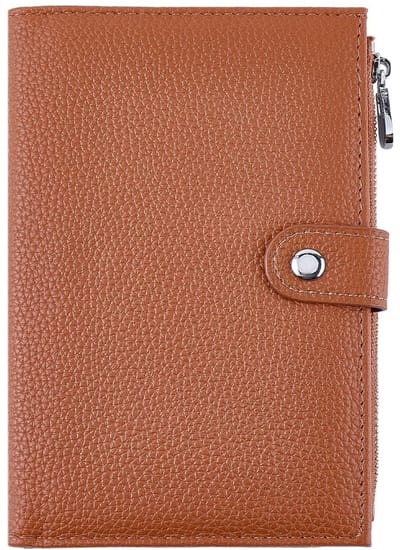 Dailygoods - Bruine paspoorthoes van PU-leer, waterdicht, RFID-blokkerend, creditcardhouder, paspoortorganizer, beschermhoes met ritsvak en drukknoopsluiting, ideaal voor op reis