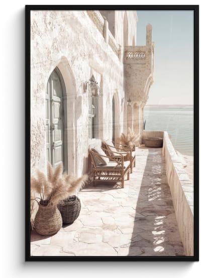 Poster in lijst - Fotolijst 80x120 cm - Posters - Terras - Stoelen - Strand - Beige - Posterlijst zwart - Decoratie - Wanddecoratie woonkamer - Muurdecoratie slaapkamer